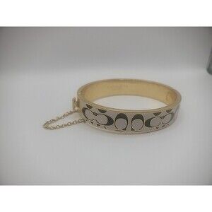 Coach Enamel Hinged Bangle Bracelet Gold Tone Black White C Logo New York Stamp